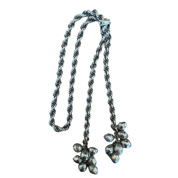 Vintage Chunky Rope Lariat Bolo Silver Tone Necklace Tassel Beads 28" Length - Picture 4 of 7